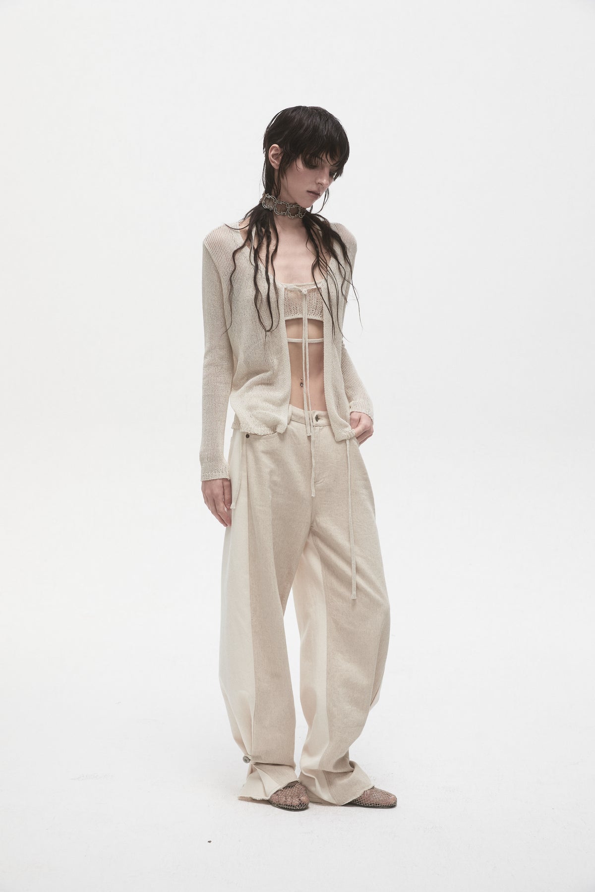 Beige Linen Panelled Jeans