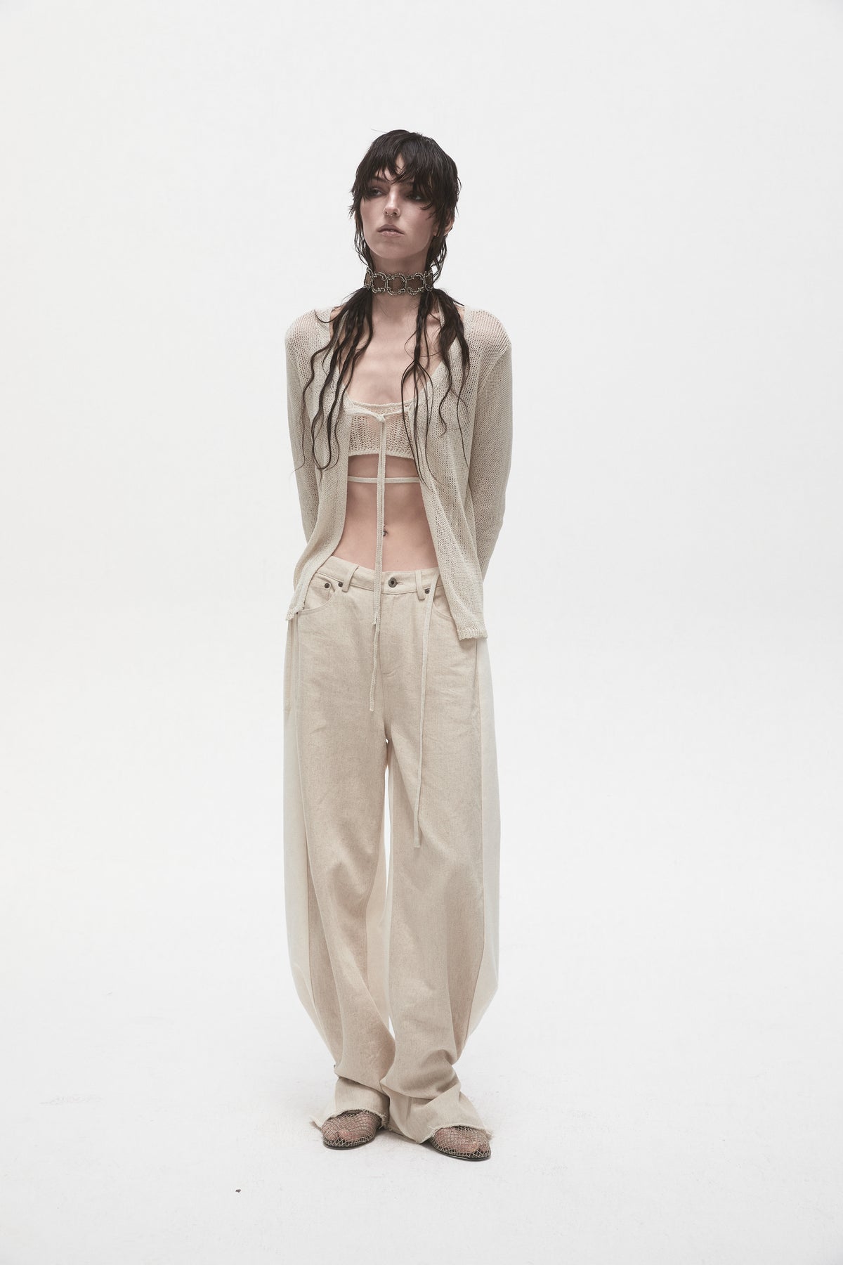 Beige Linen Panelled Jeans