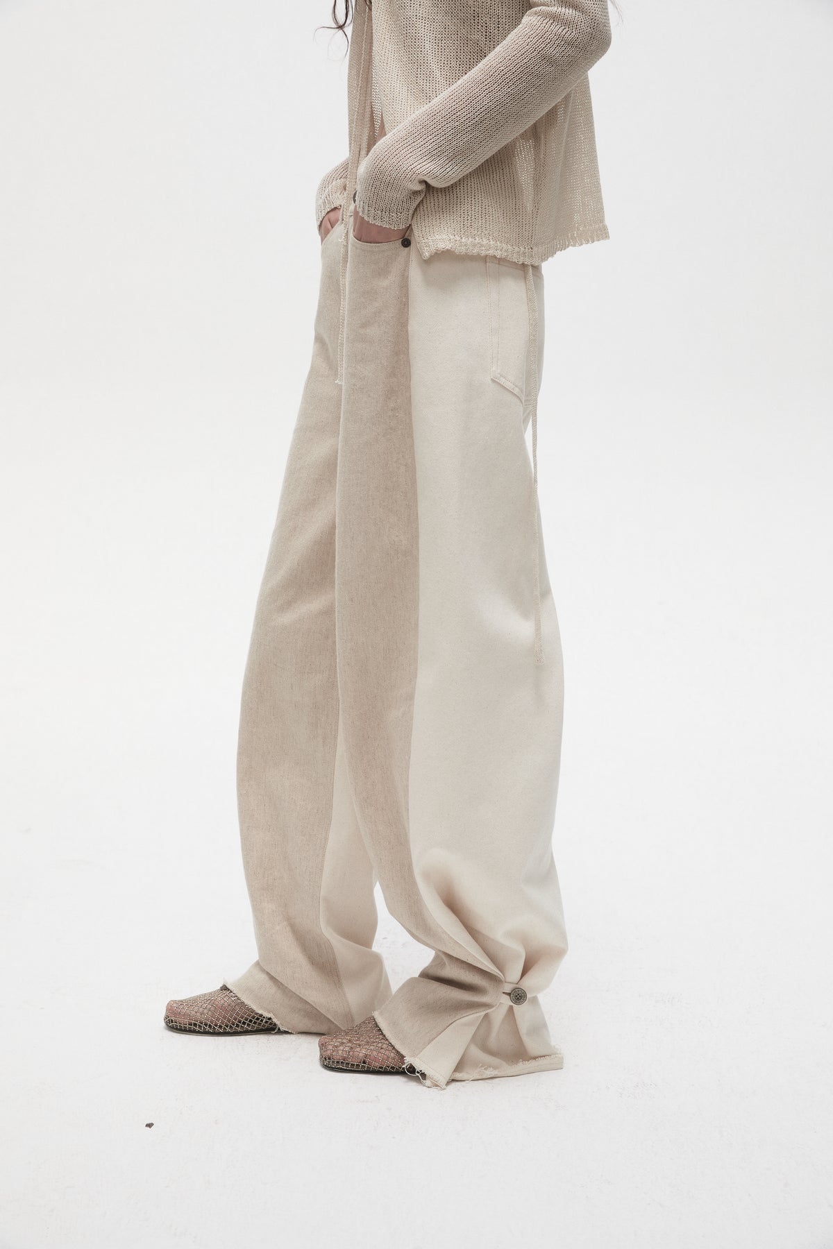 Beige Linen Panelled Jeans