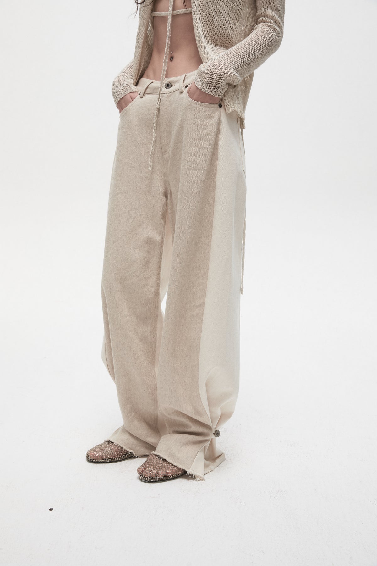 Beige Linen Panelled Jeans