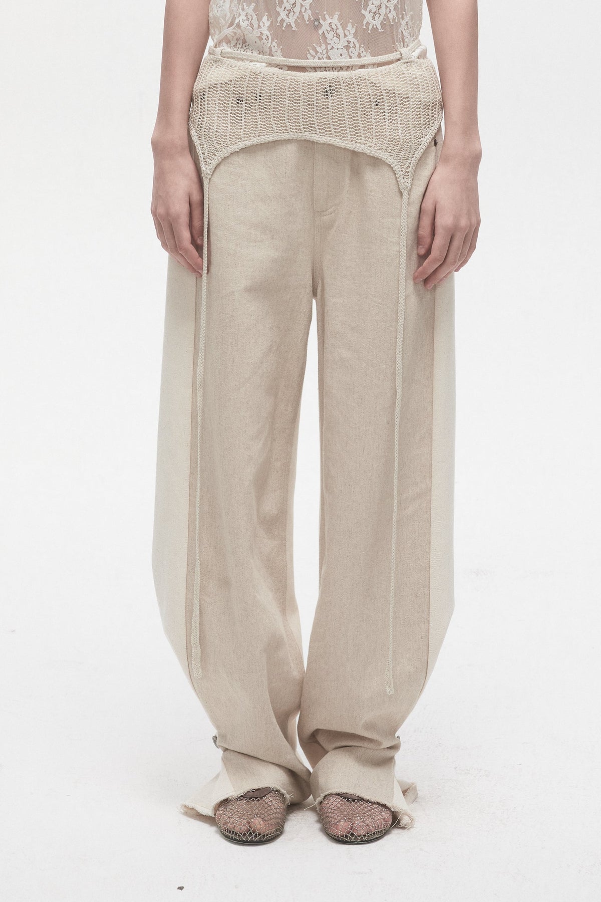 Beige Linen Panelled Jeans