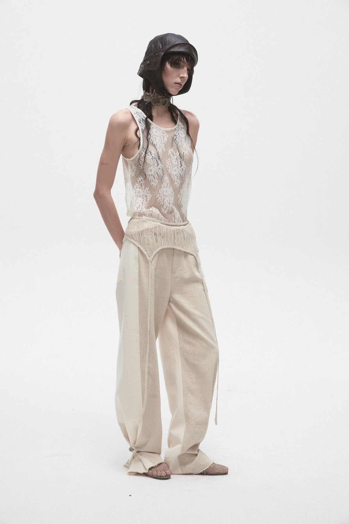 Beige Linen Panelled Jeans