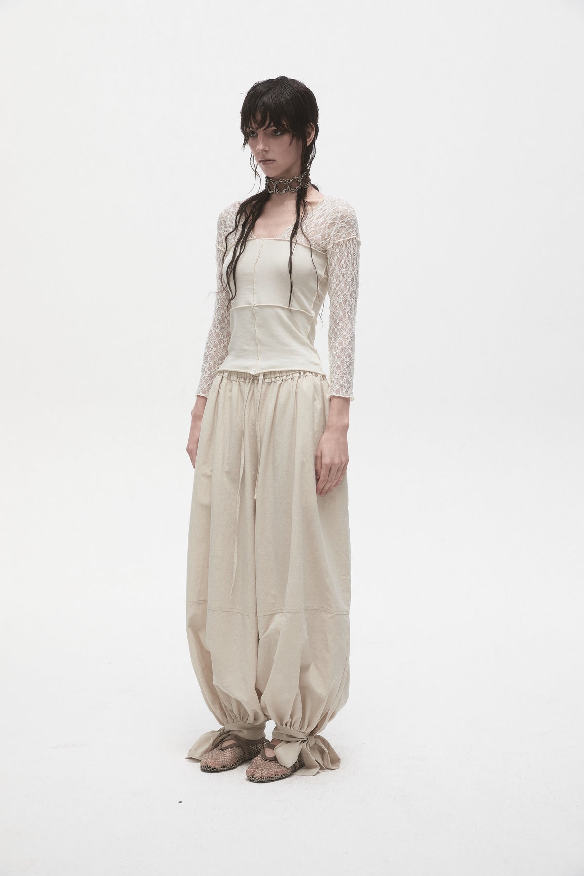 Beige Lace Panelled T-Shirt