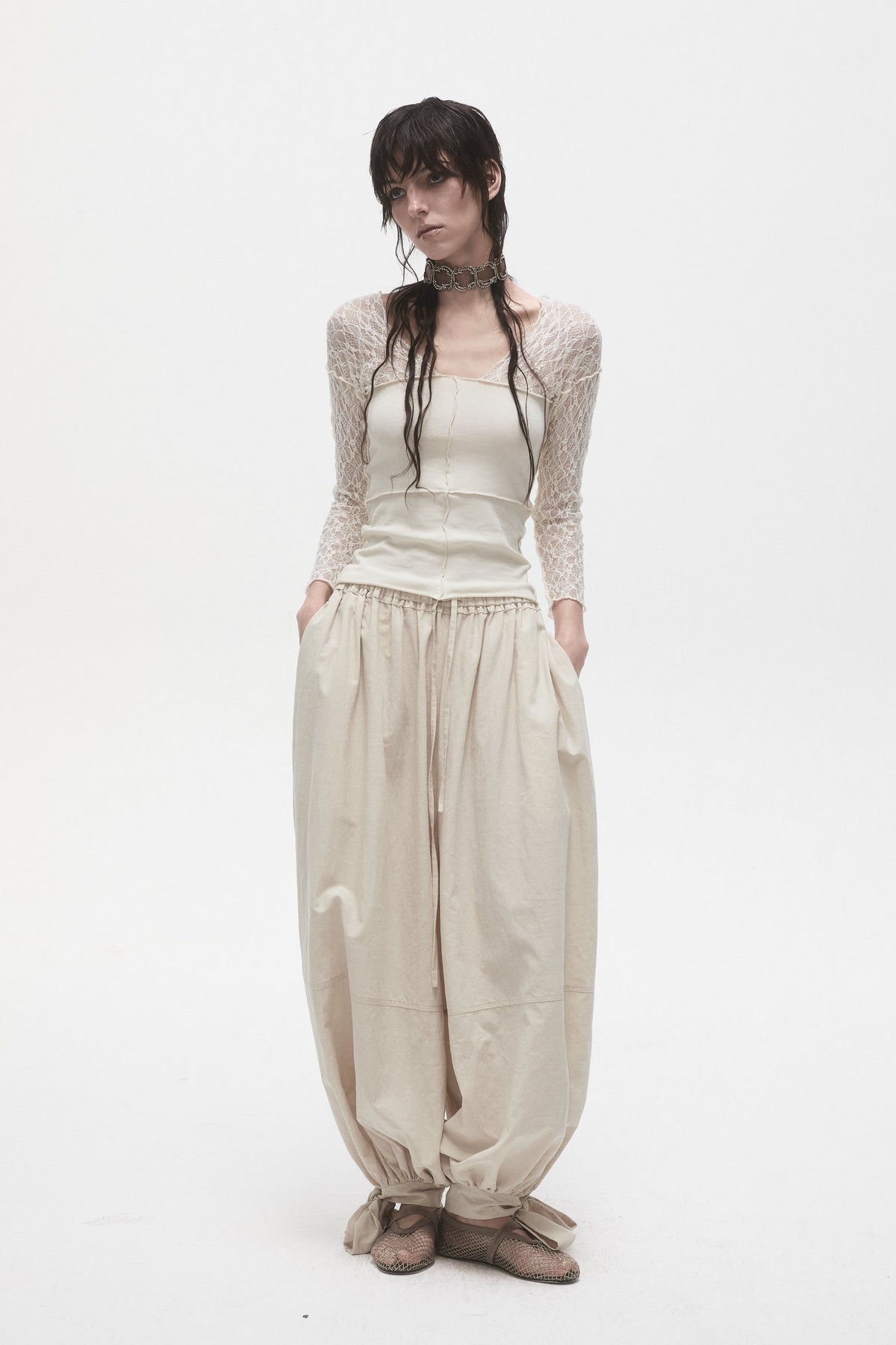 Beige Lace Panelled T-Shirt
