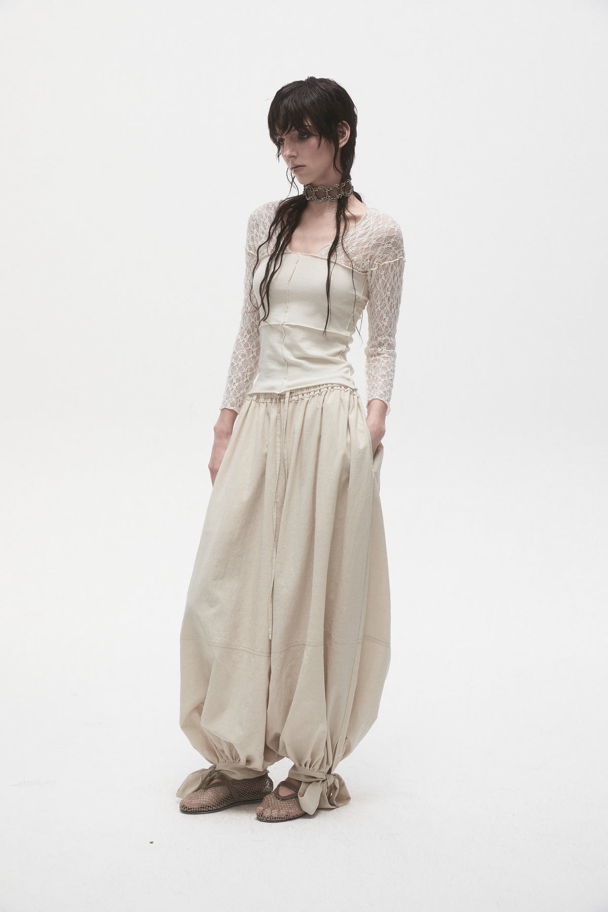 Beige Lace Panelled T-Shirt