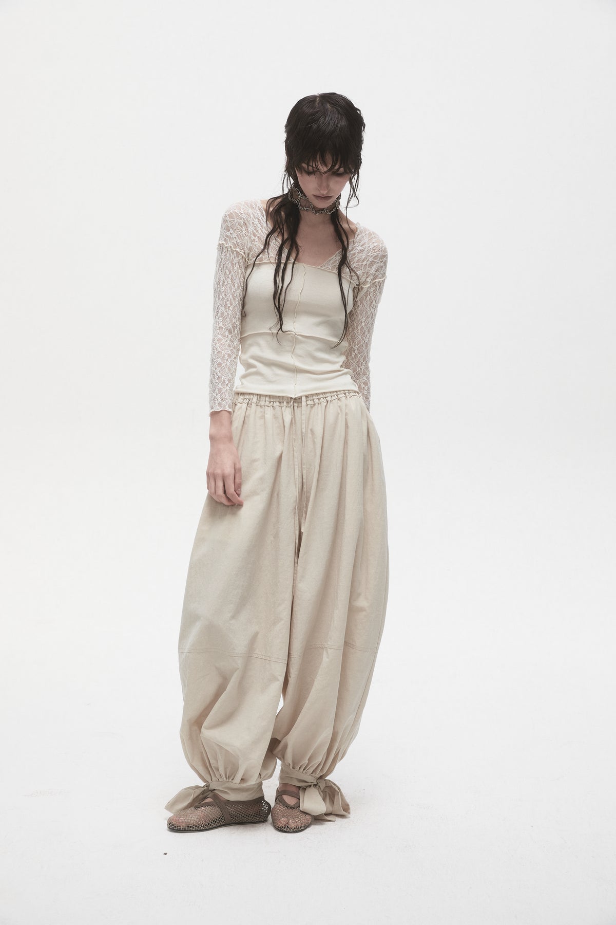 Beige Lace Panelled T-Shirt