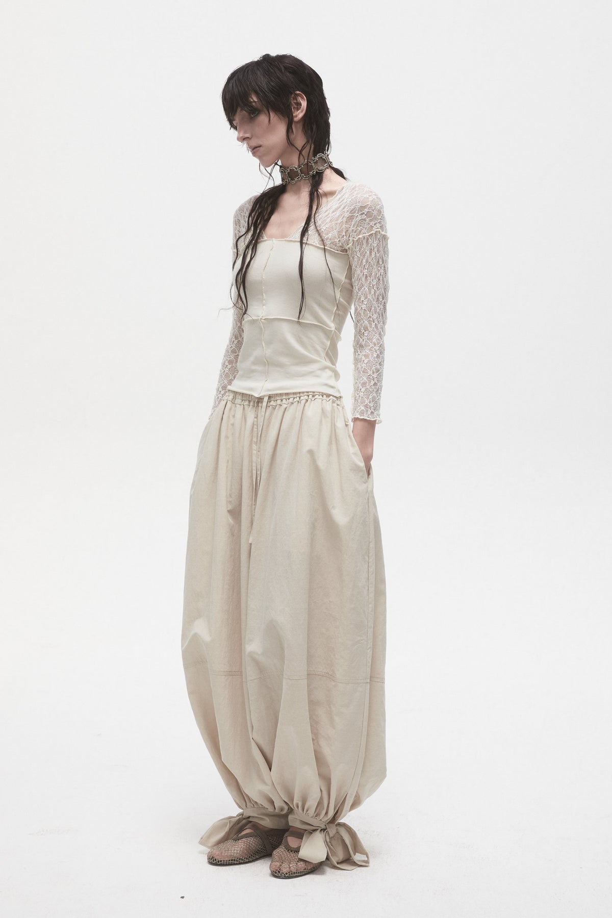 Beige Lace Panelled T-Shirt
