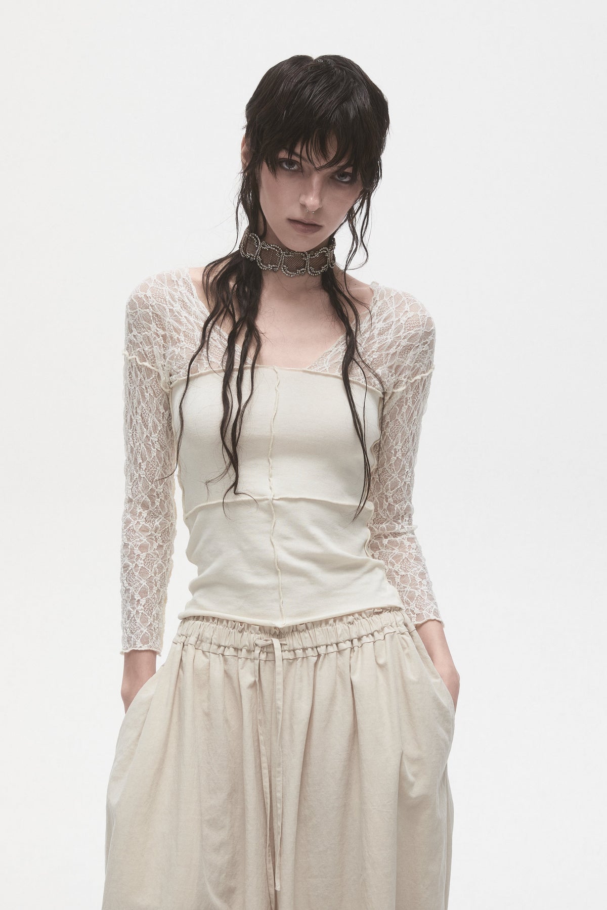 Beige Lace Panelled T-Shirt