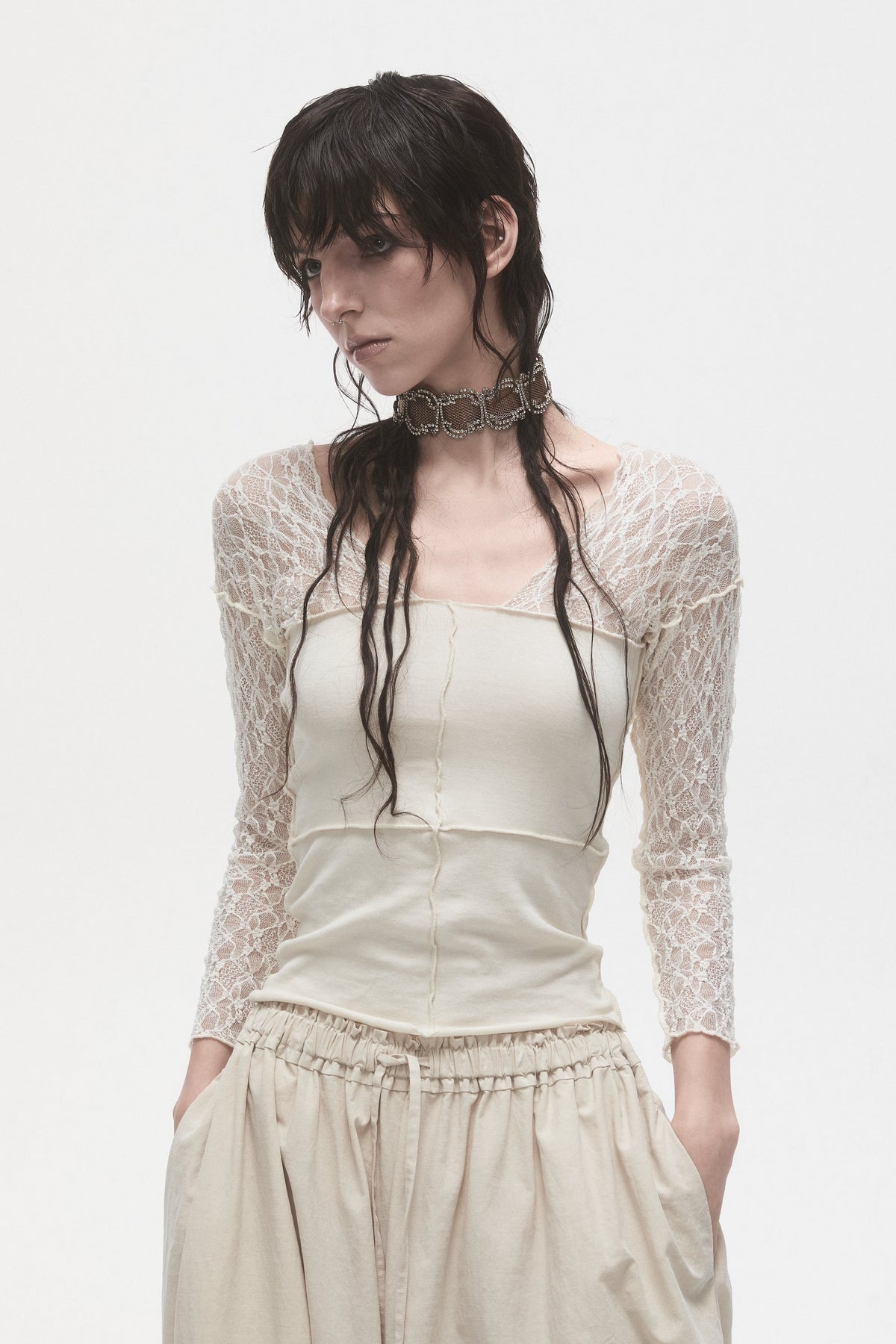 Beige Lace Panelled T-Shirt