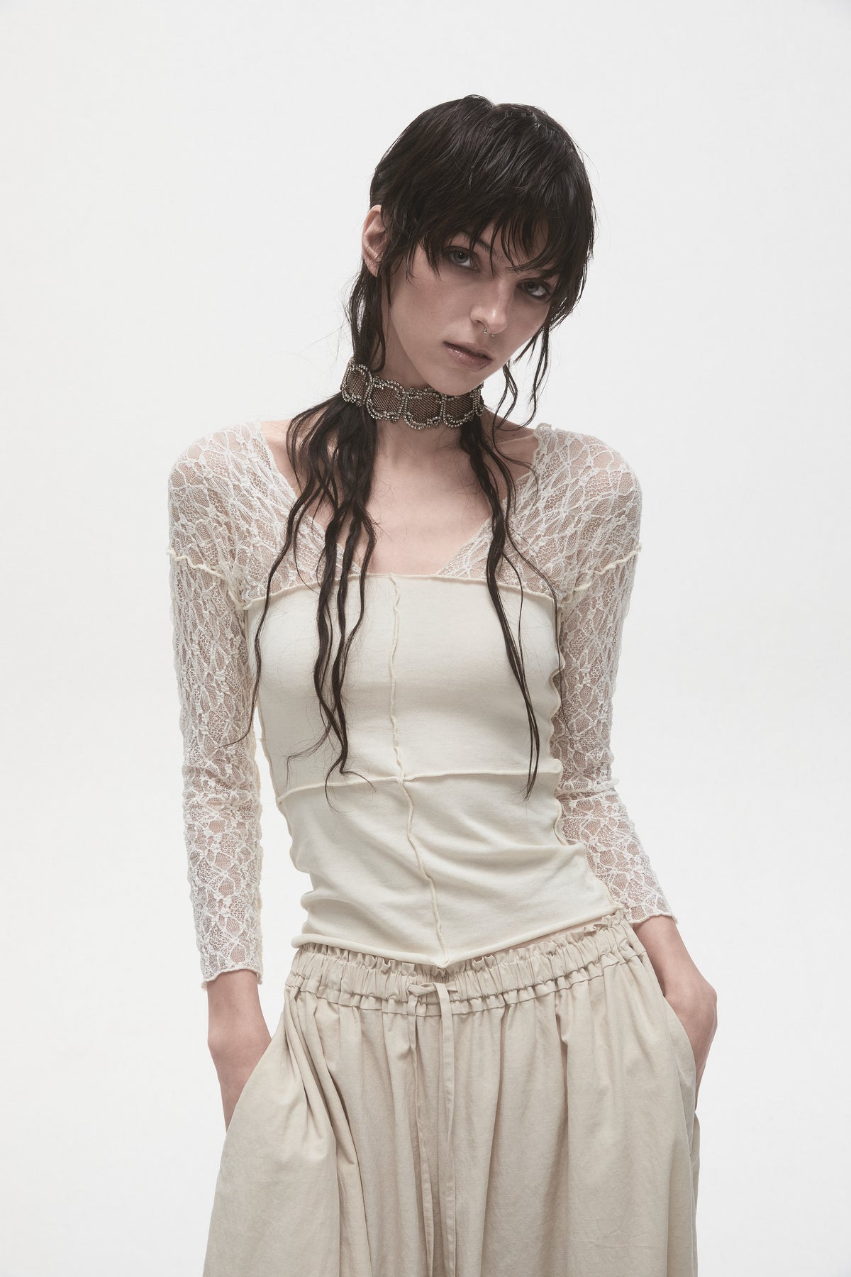 Beige Lace Panelled T-Shirt