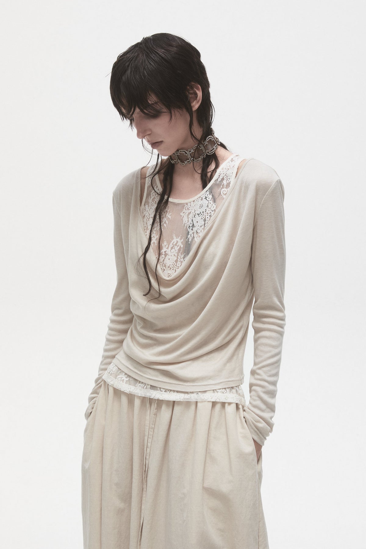 Lace Sleeveless Top & V-Neck Long Sleeve Top Set
