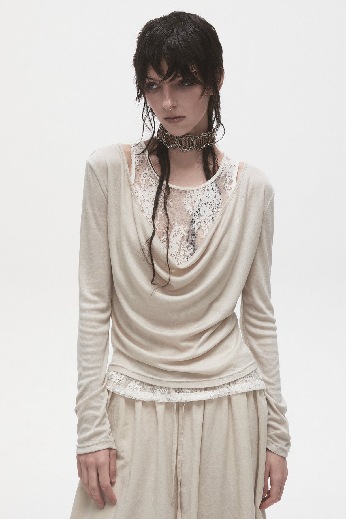 Lace Sleeveless Top & V-Neck Long Sleeve Top Set