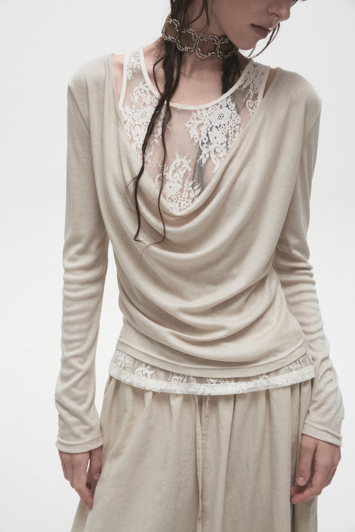 Lace Sleeveless Top & V-Neck Long Sleeve Top Set