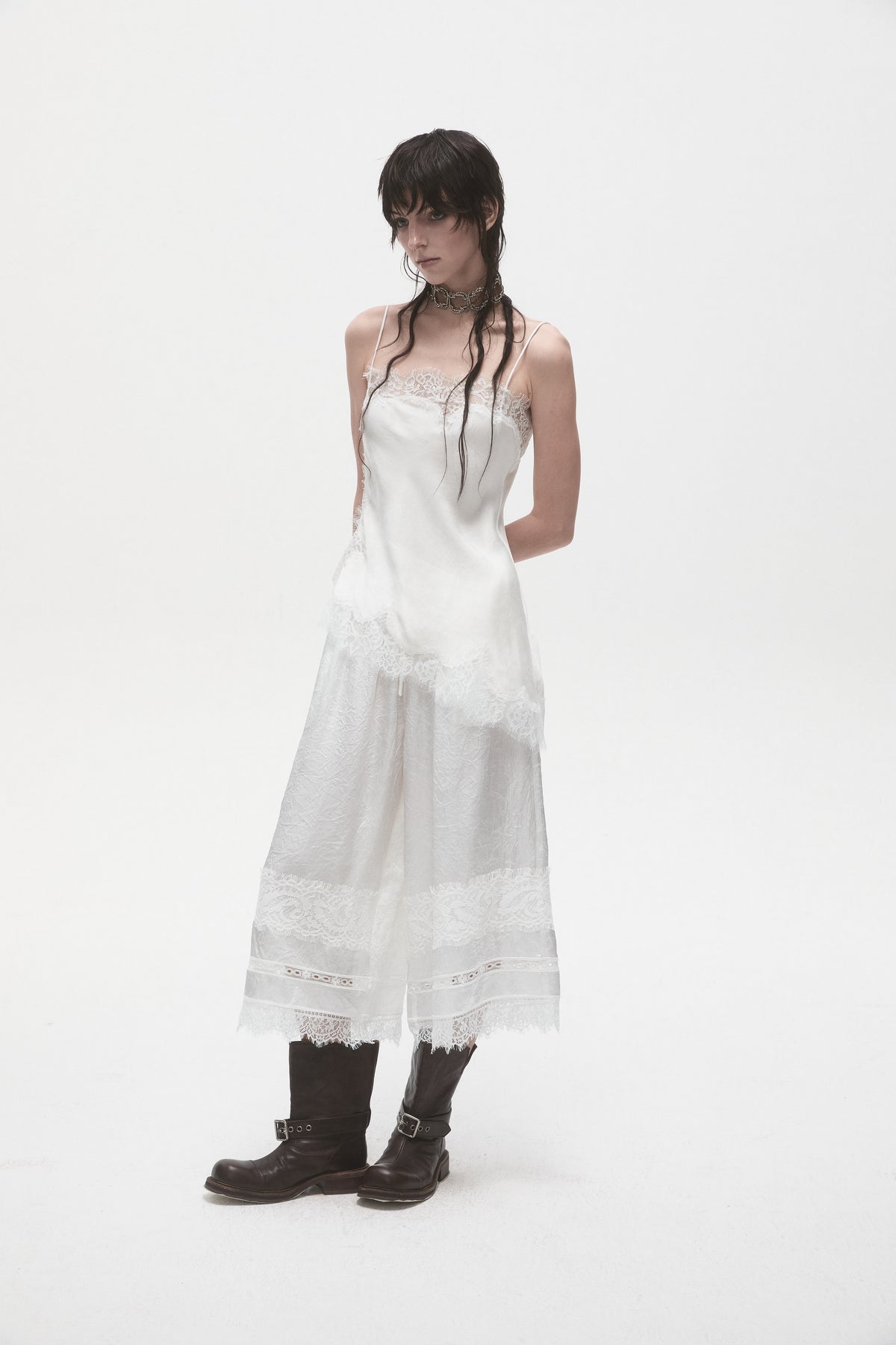 Lace Trimmed Wide Leg Cropped Trousers